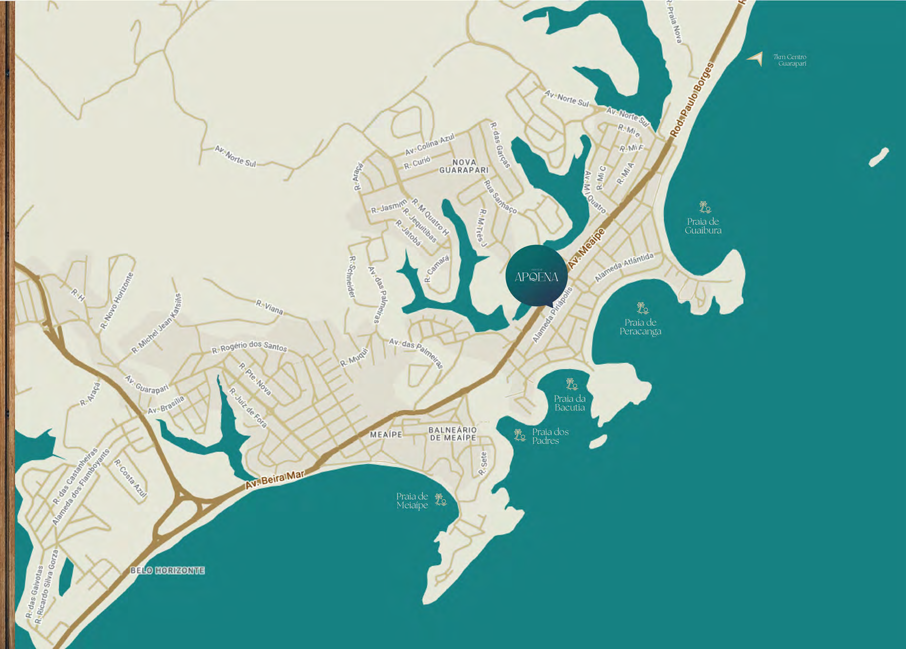 Mapa ilustrado da região de Enseada Azul mostrando Apoena e praias próximas