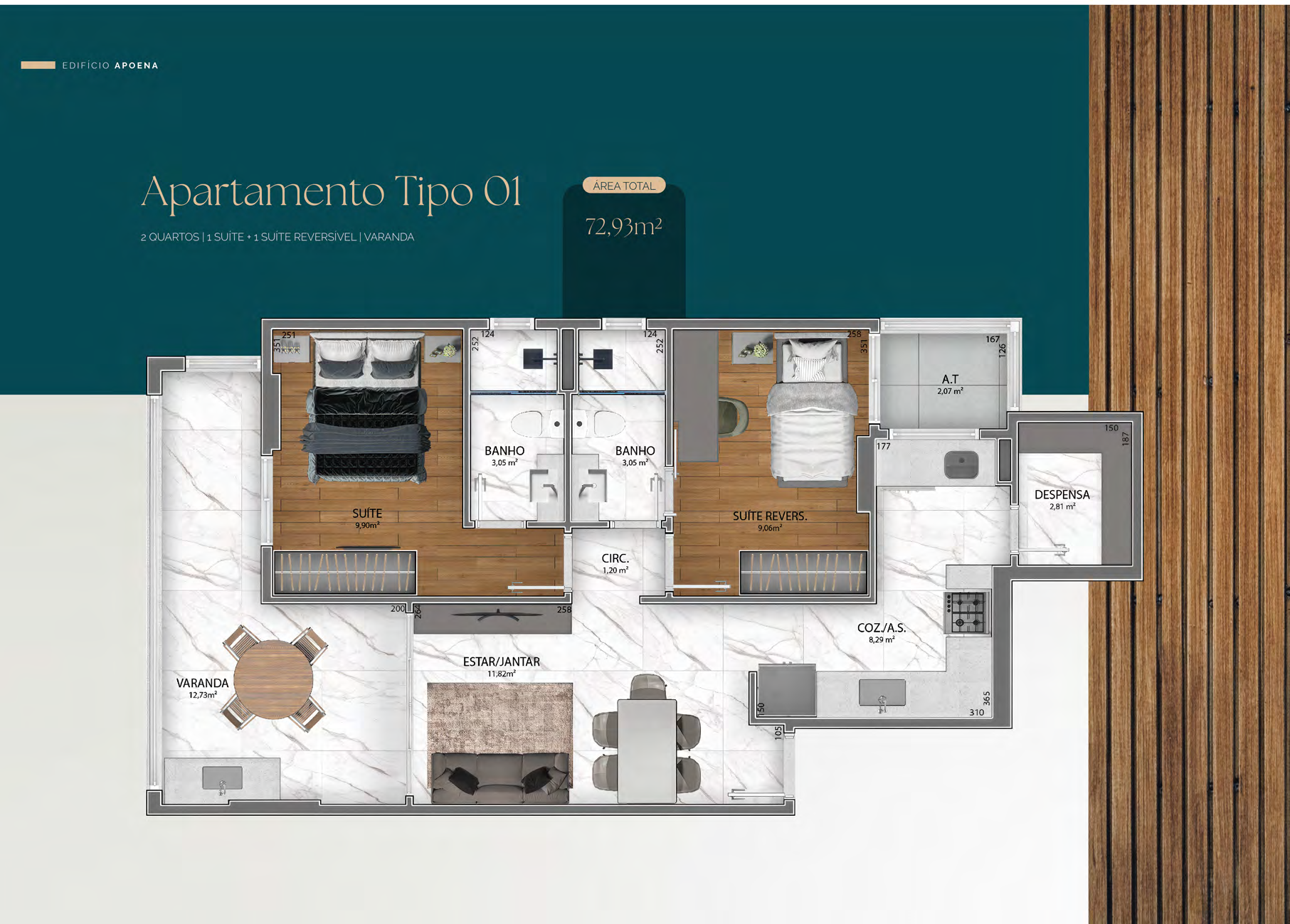 Planta do Apartamento Tipo 01 - 72,93m²