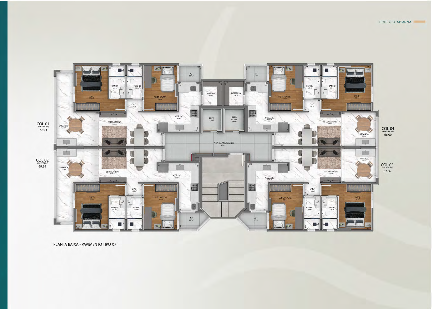 Planta baixa do pavimento tipo do Edifício Apoena com 4 apartamentos por andar