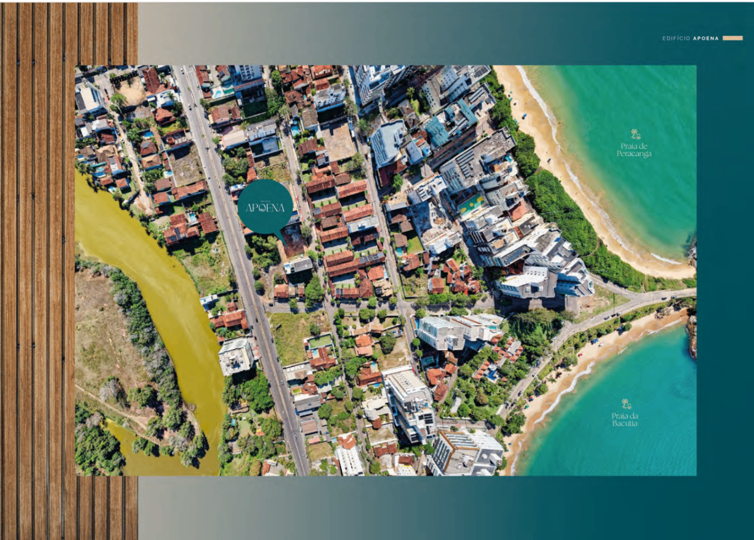 Vista aérea com marcação do Edifício Apoena em relação à Praia de Peracanga e Praia da Bacutia