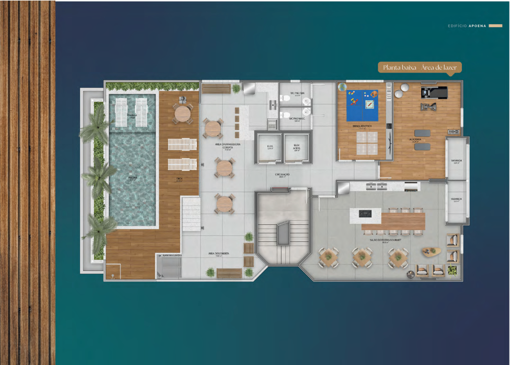 Planta da área de lazer da cobertura com piscina, academia, brinquedoteca e salão gourmet